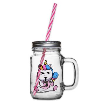 Bubble Tea Drinking Unicorn Anime Kawaii - Glass jar with handle and screw cap - clear - Right