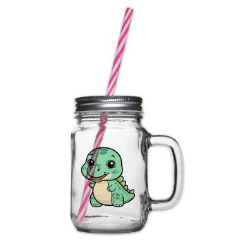 Cute Dino with a Grin - Green - Glass jar with handle and screw cap - clear - Right
