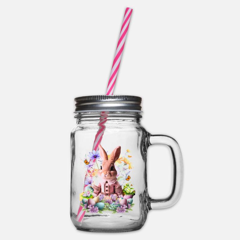 Un lapin rose pastel dans une mer de fleurs - Bocal à boisson - transparent