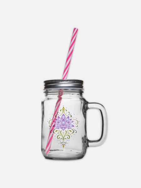 Ornamentale Lotusblüte in Violett & Grün - Henkelglas mit Schraubdeckel - Klar