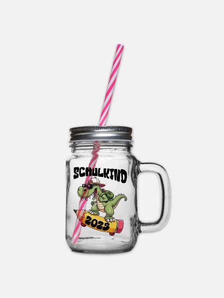 Schulkind Alligator mit Skateboard 2025 - Henkelglas mit Schraubdeckel - Klar