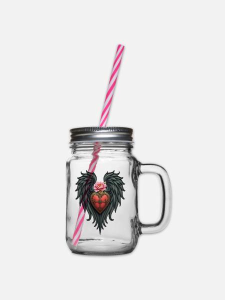 Herz mit Flügeln und rosa Blume - Henkelglas mit Schraubdeckel - Klar