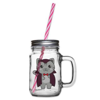 Cat Happy Halloween Cute Vampire Costume - Glass jar with handle and screw cap - clear - Right