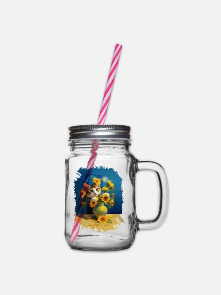 🌻😻 Vincents Katze unter Sonnenblumen – Malerei - Henkelglas mit Schraubdeckel - Klar