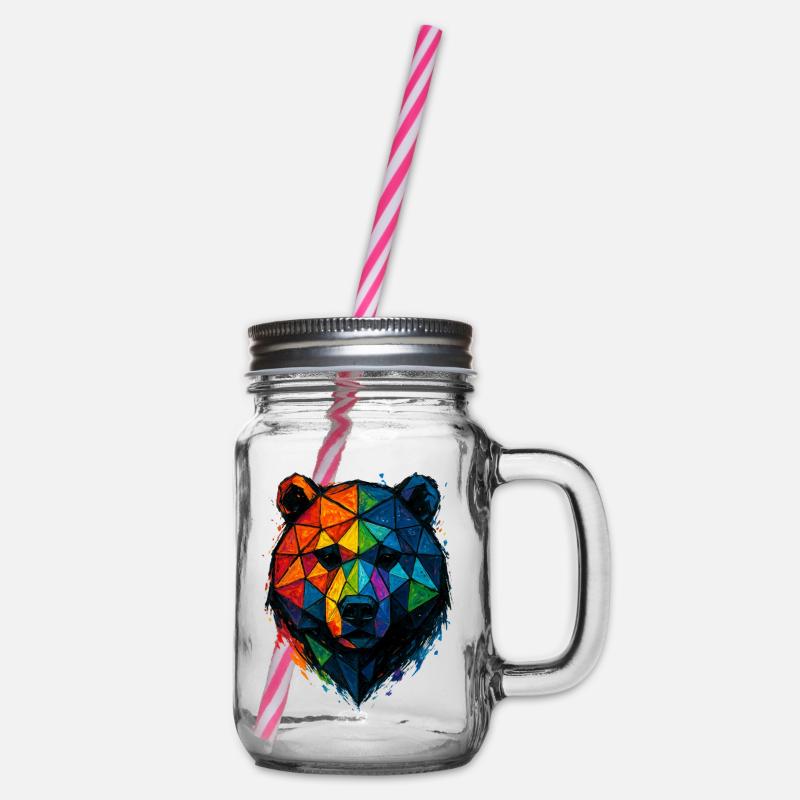 Colorful pop art low poly bear - Glass jar with handle and screw cap - clear