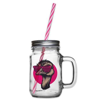Strauß mit Sonnenbrille, Nandu, Emu - Henkelglas mit Schraubdeckel - Klar - Rechts