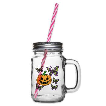 Halloween Kuerbis und lila Schmetterlinge - Henkelglas mit Schraubdeckel - Klar - Rechts