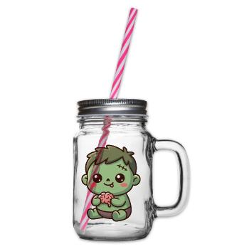 Niedlicher Cartoon-Baby-Zombie hält ein Gehirn - Henkelglas mit Schraubdeckel - Klar - Rechts