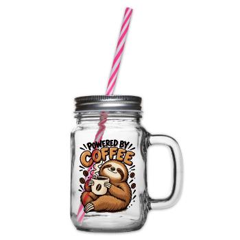 Powered by Coffee Faultier – Lustiges Kaffee Desig - Henkelglas mit Schraubdeckel - Klar - Rechts