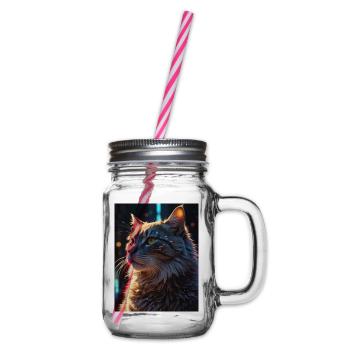 Sternenpfote: Neon-Katze im Licht - Henkelglas mit Schraubdeckel - Klar - Rechts