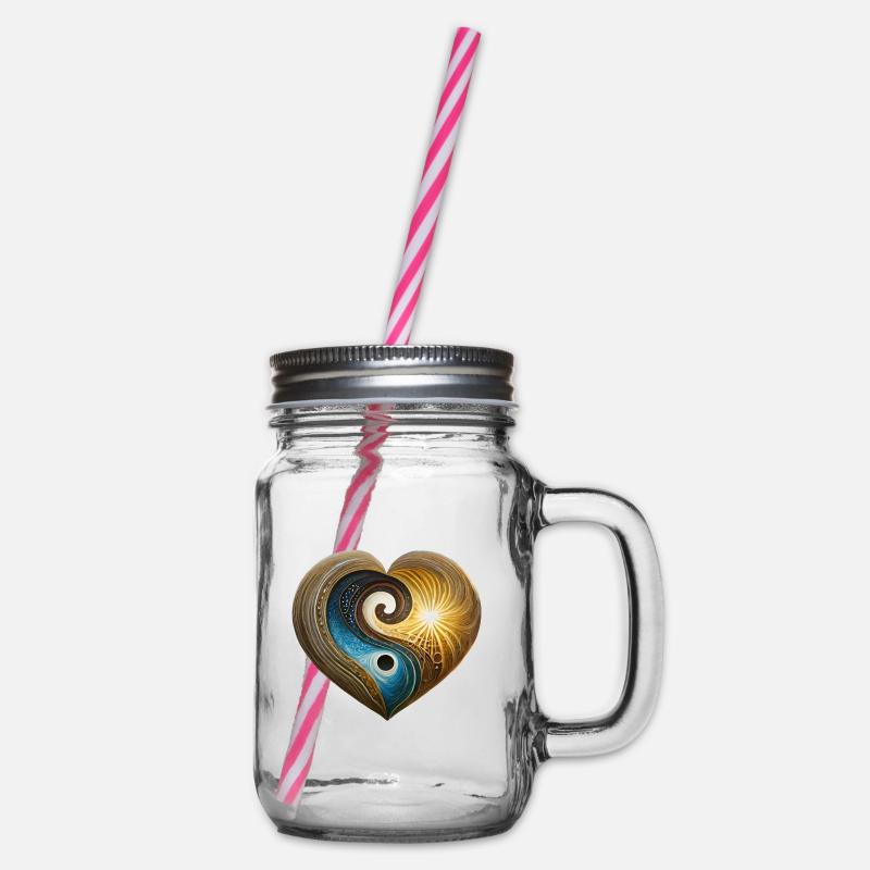 Herz Yin Yang Sonne Mond Lebensbaum - Henkelglas mit Schraubdeckel - Klar
