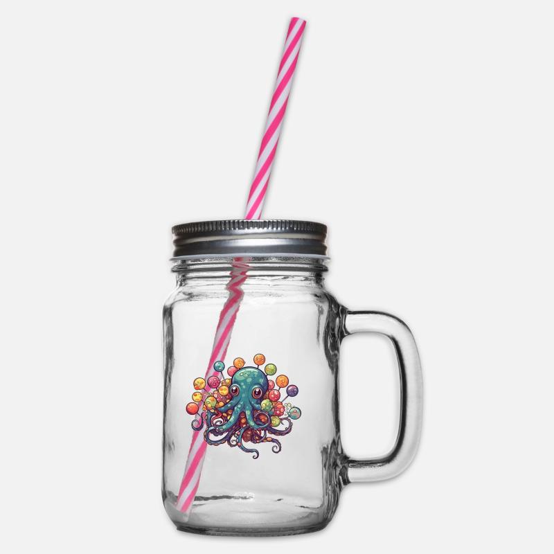 Funny Comic Octopus with Lollipops - Glass jar with handle and screw cap - clear