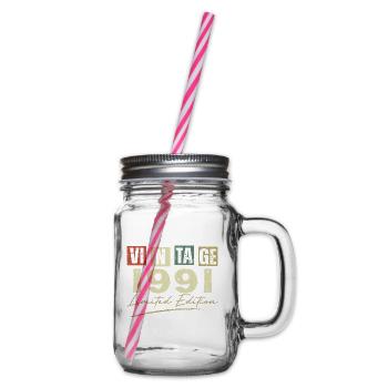 Vintage 1991 Original Anniversary Gift 1991 - Glass jar with handle and screw cap - clear - Right