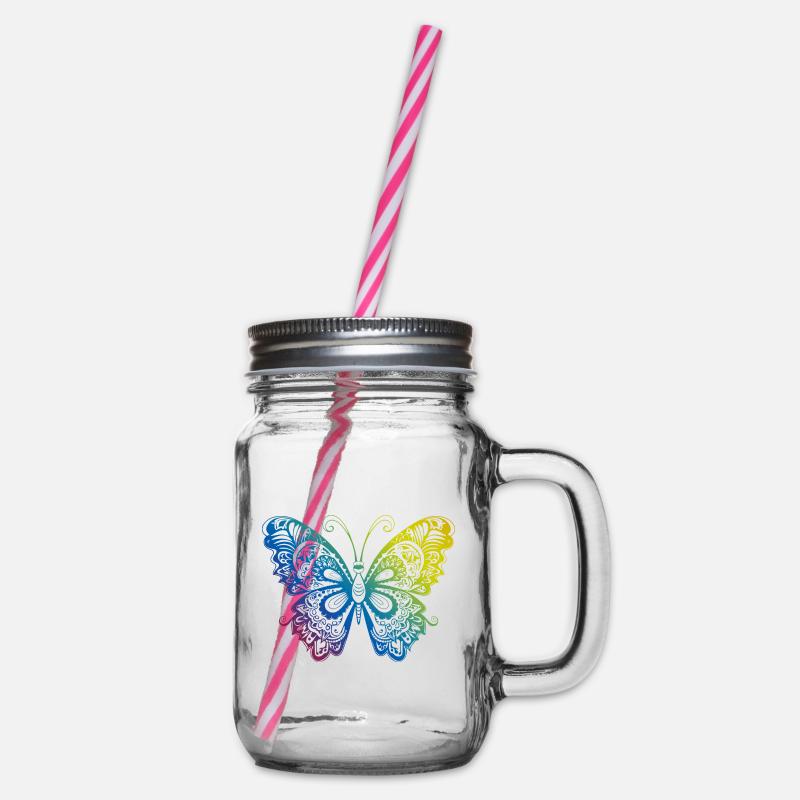 Schmetterling Mandala Boho - Henkelglas mit Schraubdeckel - Klar