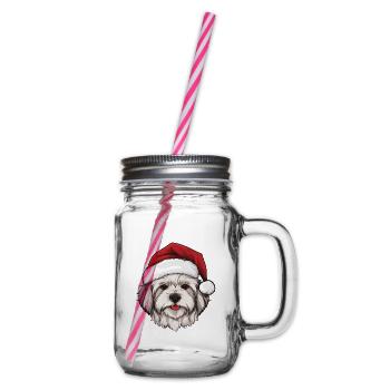 Maltese Dog Head Christmas Portrait - Glass jar with handle and screw cap - clear - Right