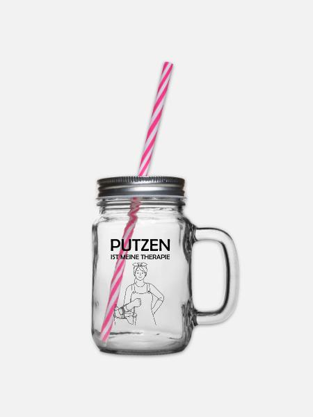 Putzen ist meine Therapie lustige Putzfrau Sprüche - Henkelglas mit Schraubdeckel - Klar
