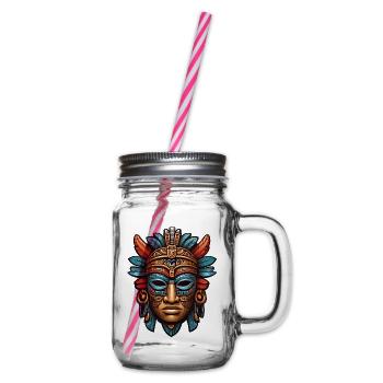 Kunstvolle geschnitzte Azteken, Maya, Inka Maske - Henkelglas mit Schraubdeckel - Klar - Rechts