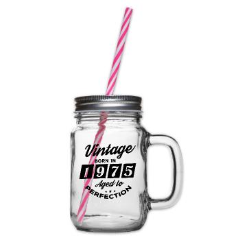 1975 Vintage 50 Years Birthday Anniversary - Glass jar with handle and screw cap - clear - Right