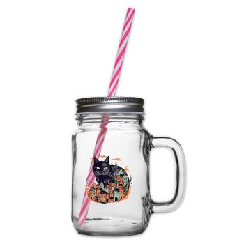Black cat sitting in front of a colorful city - Glass jar with handle and screw cap - clear - Right