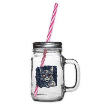 Nerdy Katze mit Brille und orangen Augen - Henkelglas mit Schraubdeckel - Klar - Rechts