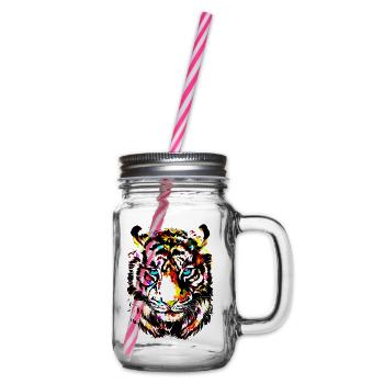 Bunter Tiger - Gelber Tigerkopf - Tiger Zeichnung - Henkelglas mit Schraubdeckel - Klar - Rechts