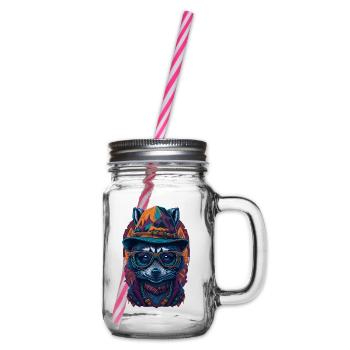 Cute raccoon with hat and funny glasses - Glass jar with handle and screw cap - clear - Right