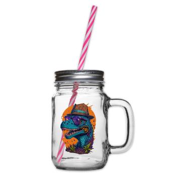 Dinosaur with hat and glasses Funny Fashionable - Glass jar with handle and screw cap - clear - Right