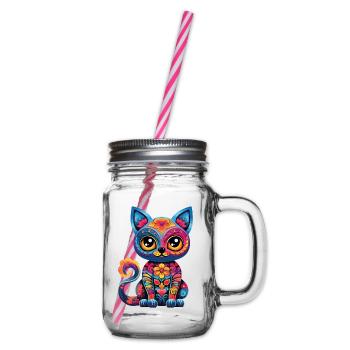 Dia De los Muertos Cat Meowtos Colorful Flowers - Glass jar with handle and screw cap - clear - Right