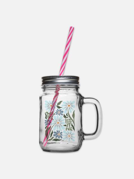 think positive - floral blue - Henkelglas mit Schraubdeckel - Klar