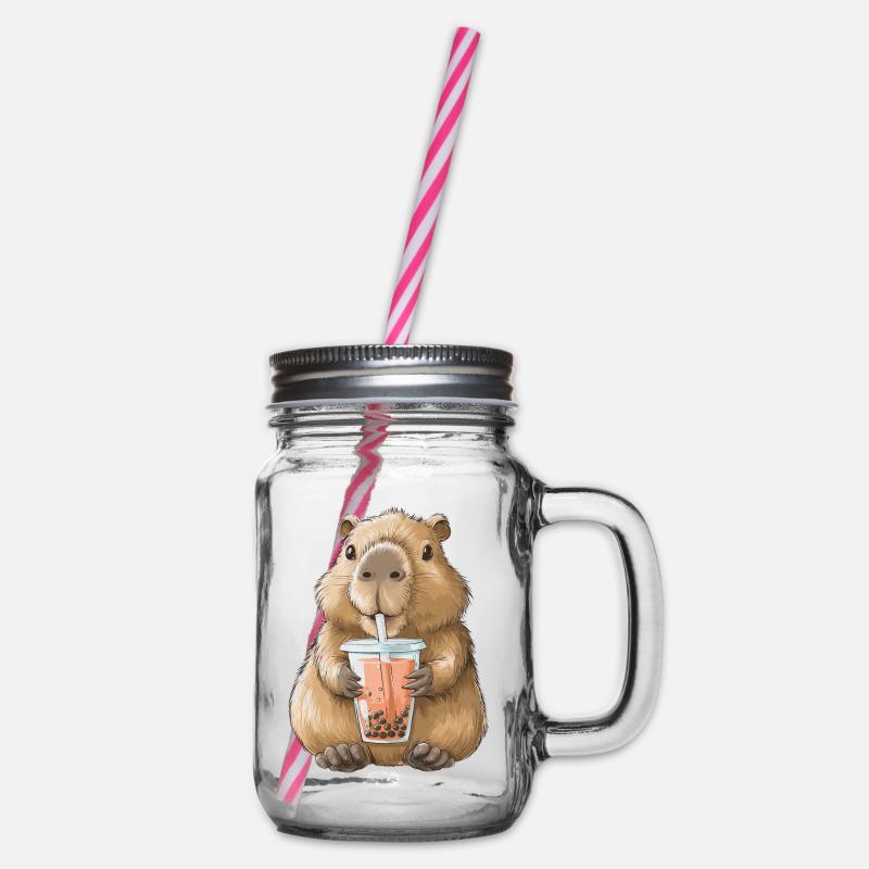 Süßes Anime Capybara Bubble Tea Boba Tea  - Henkelglas mit Schraubdeckel - Klar