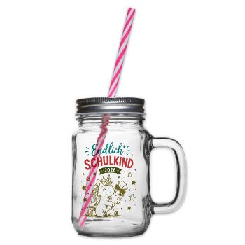 Endlich Schulkind 2026 Unicorn Einhorn - Henkelglas mit Schraubdeckel - Klar - Rechts