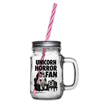 Unicorn Horror Fan – Einhorn beim Filmabend - Henkelglas mit Schraubdeckel - Klar - Rechts