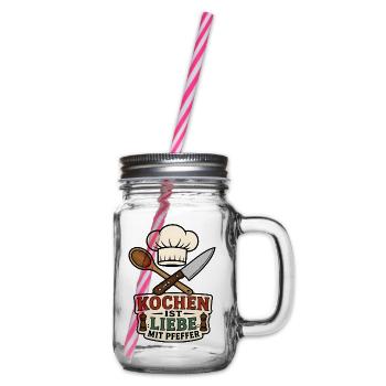 Kochen ist Liebe mit Pfeffer Retro Koch Design - Henkelglas mit Schraubdeckel - Klar - Rechts
