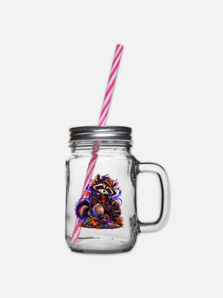 Neon-Waschbär mit Herbstlaub - Henkelglas mit Schraubdeckel - Klar