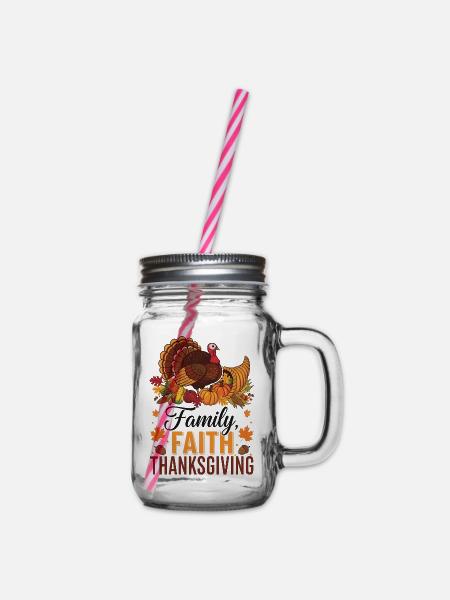 Thanksgiving-Familie Glaubenstruthahn - Henkelglas mit Schraubdeckel - Klar