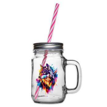 Wolf Wolf Head Predator Forest Nature Wilderness Colorful - Glass jar with handle and screw cap - clear - Right