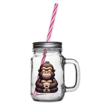 Cute Gorilla Yoga Meditation Inner Peace Cartoon - Glass jar with handle and screw cap - clear - Right