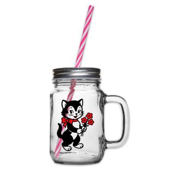 Black Cat with Red Ribbon - Glass jar with handle and screw cap - clear - Right