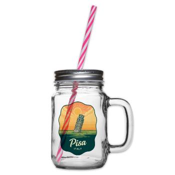 Pisa Leaning Tower Vintage Sunset Badge - Glass jar with handle and screw cap - clear - Right
