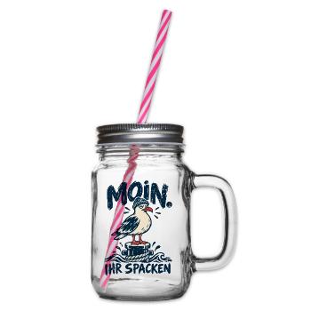Moin! Ihr Spacken – Freche Möwe im Retro Look - Henkelglas mit Schraubdeckel - Klar - Rechts