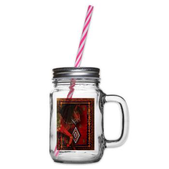 Rotes Pferd auf geometrischem Teppich - Henkelglas mit Schraubdeckel - Klar - Rechts