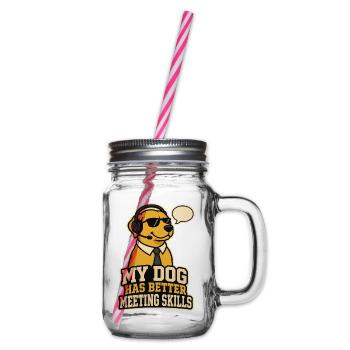 Hund mit Headset – lustiger Meeting Spruch - Henkelglas mit Schraubdeckel - Klar - Rechts