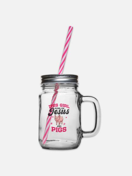 Ferkel Schwein This Girl Runs On Jesus And Pigs - Henkelglas mit Schraubdeckel - Klar