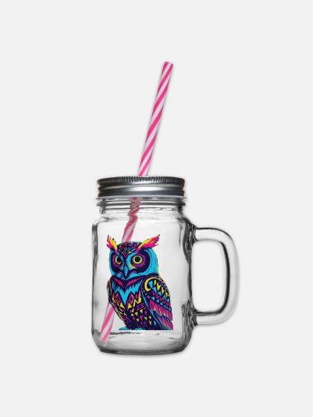 Neon Tribal Eule Design - Henkelglas mit Schraubdeckel - Klar