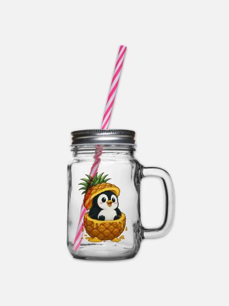 Süßer Pinguin Cartoon Ananas Frucht Skurril - Henkelglas mit Schraubdeckel - Klar