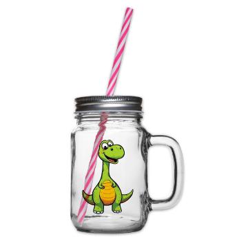Cheerful dinosaur with orange belly - Glass jar with handle and screw cap - clear - Right