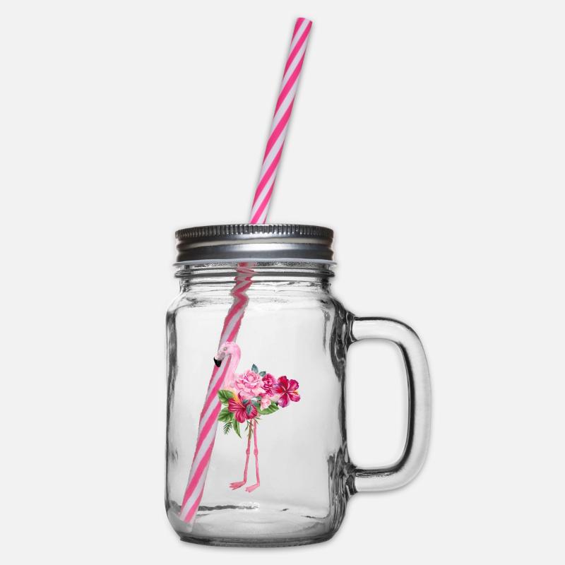 flamant rose avec des fleurs - Bocal à boisson - transparent