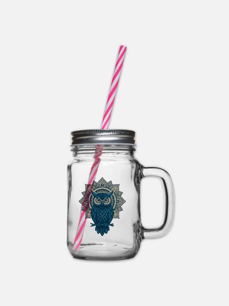 Blauer Eulen Mandala - Henkelglas mit Schraubdeckel - Klar