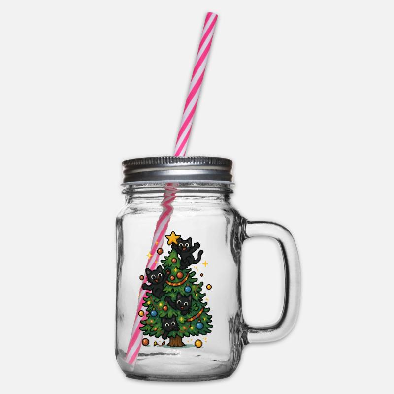 Weihnachtsbaum mit frechen Katzen - Henkelglas mit Schraubdeckel - Klar