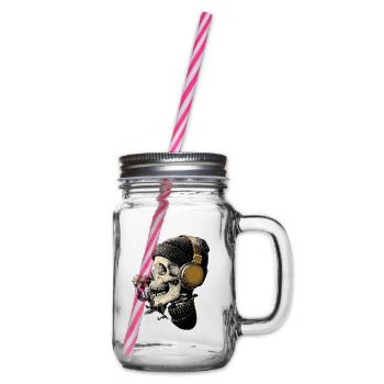 Headphone Skull with Flower - Glass jar with handle and screw cap - clear - Right